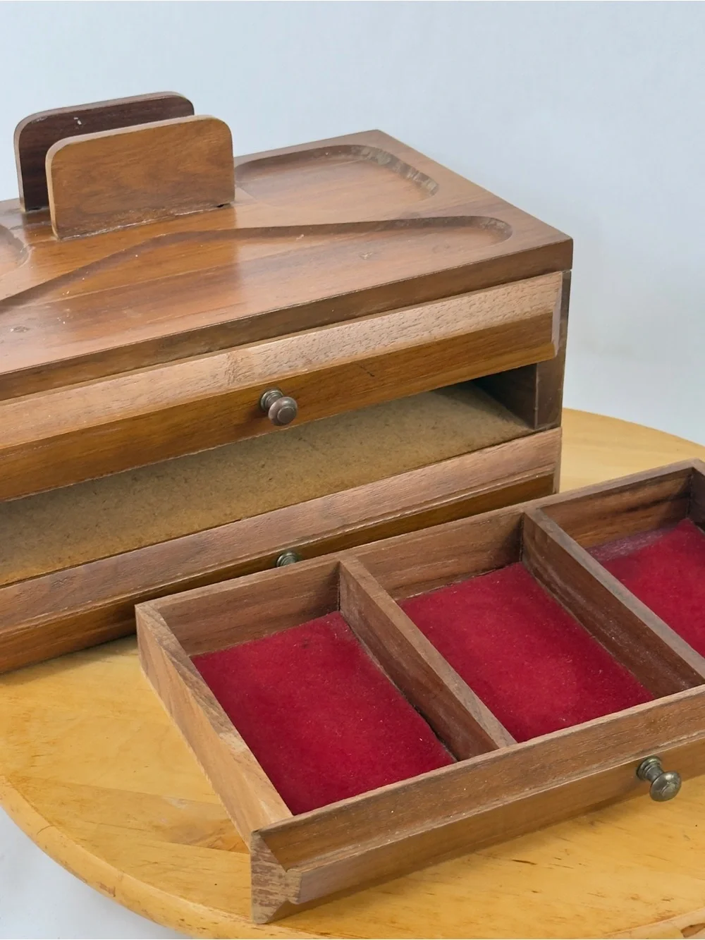 Mid Century Walnut Wood Desk Organizer Jewelry Desk Valet Box w Drawers Catchall